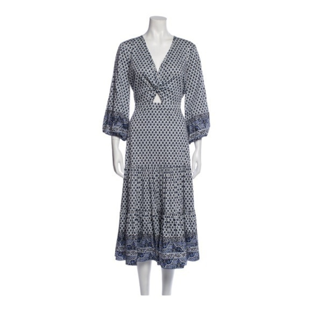 Veronica Beard Dinia Tiered Cut Out V-Neck Printed Poplin Midi Dress Size 4 New